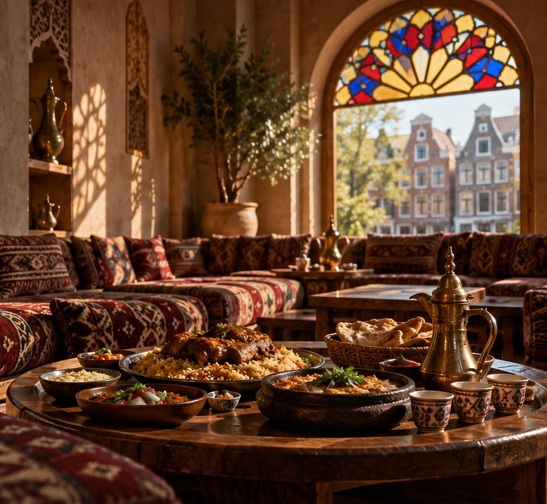 Sfeerimpressie van een diwan: kussens langs de muur, een lage tafel met mandi, brood en thee, en een glas-in-loodraam
